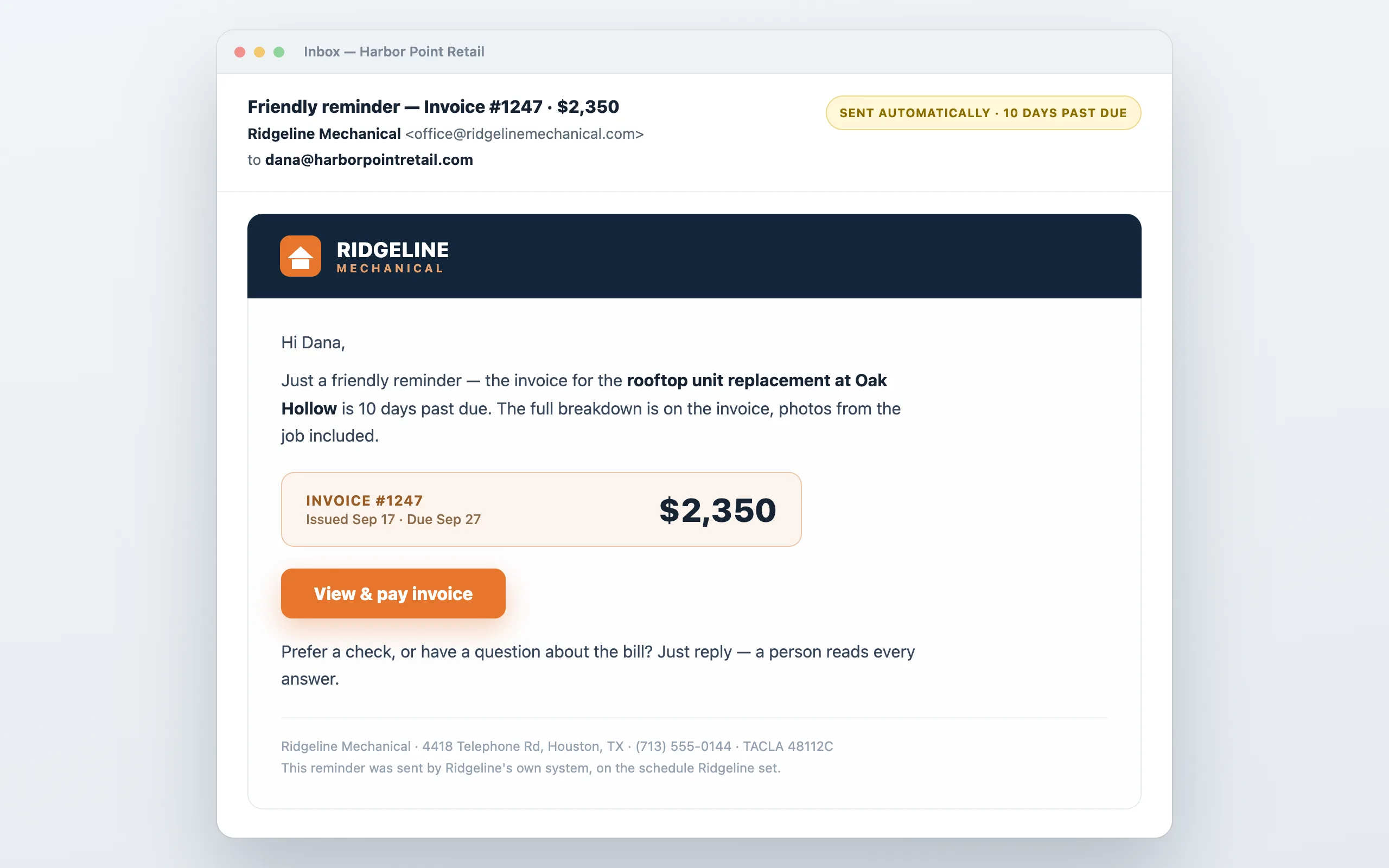 A branded automated reminder email: company logo header, the invoice amount and due dates, a view-and-pay button, and a sent-automatically chip.
