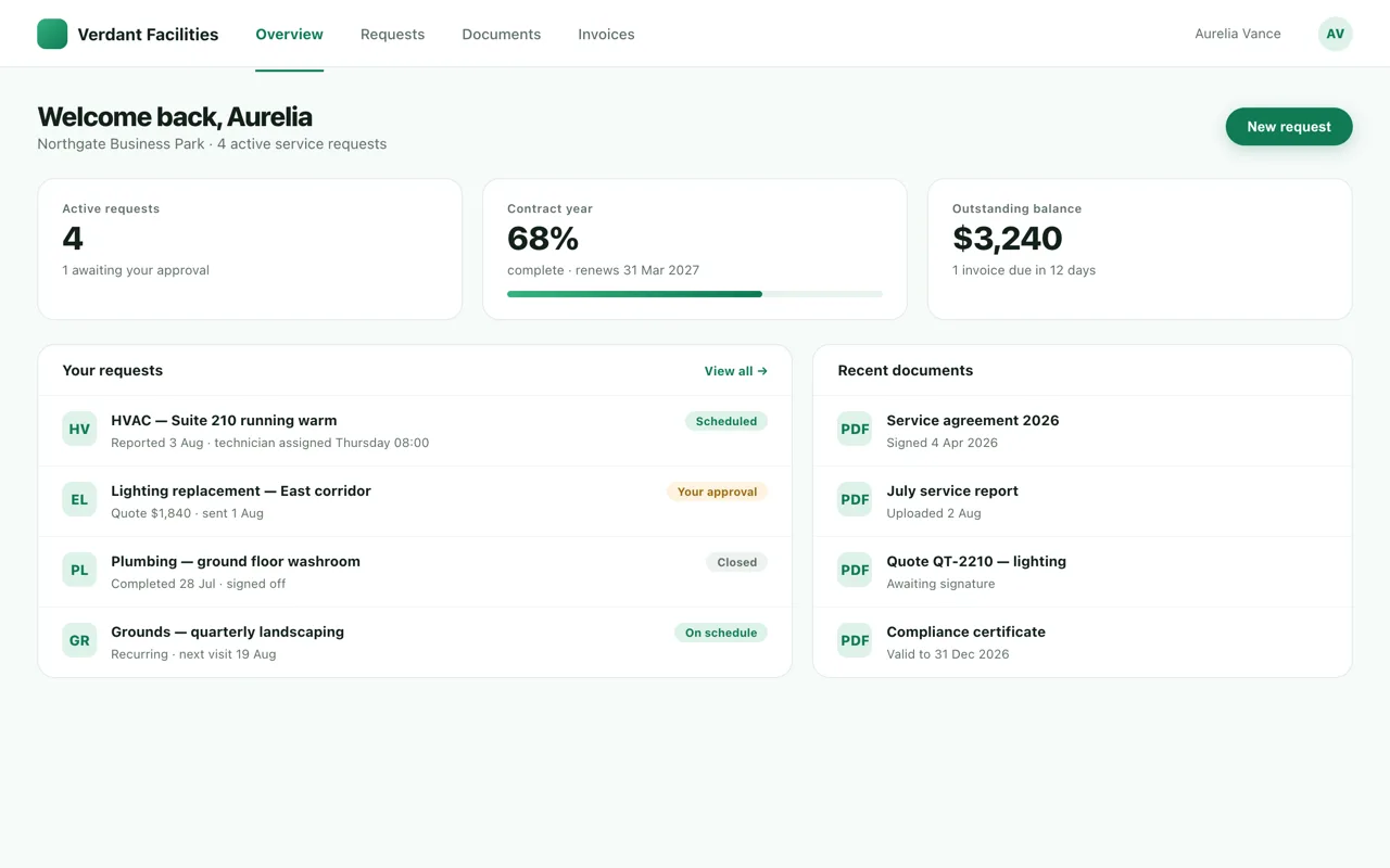 A customer-facing facilities portal showing active request counts, contract progress, outstanding balance, a request list and recent documents.