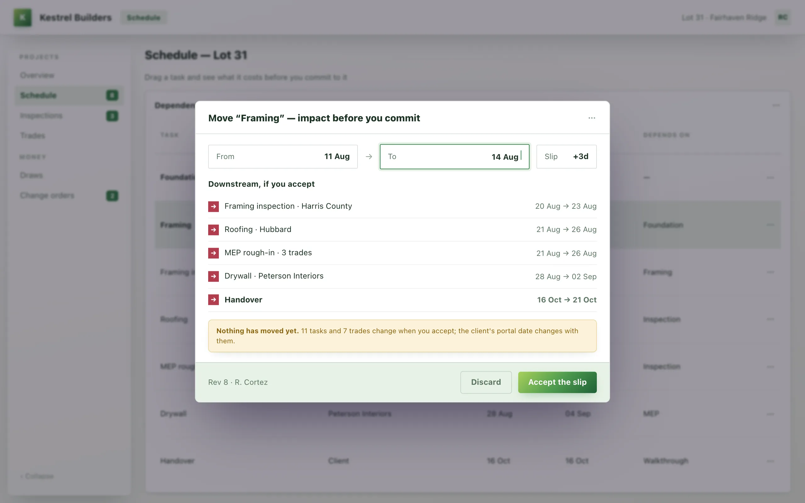 A construction schedule with a modal previewing a three-day slip on the framing task, listing the five downstream tasks it would move, the handover date moving from 16 to 21 October, and a note that nothing has moved yet.