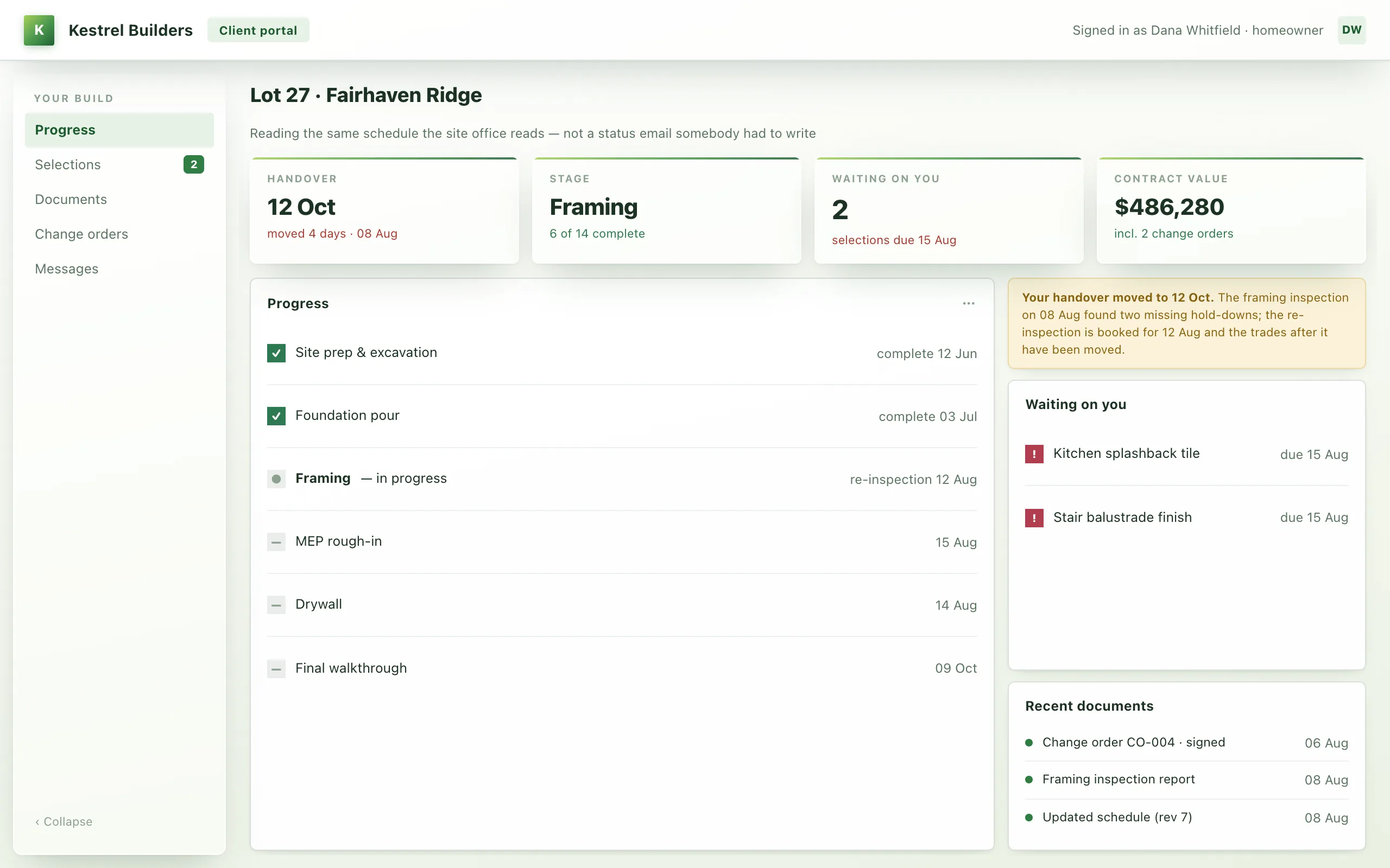 A homeowner client portal showing the handover date and that it moved four days, the current build stage, two outstanding selections, the contract value, a six-stage progress list and recent documents.