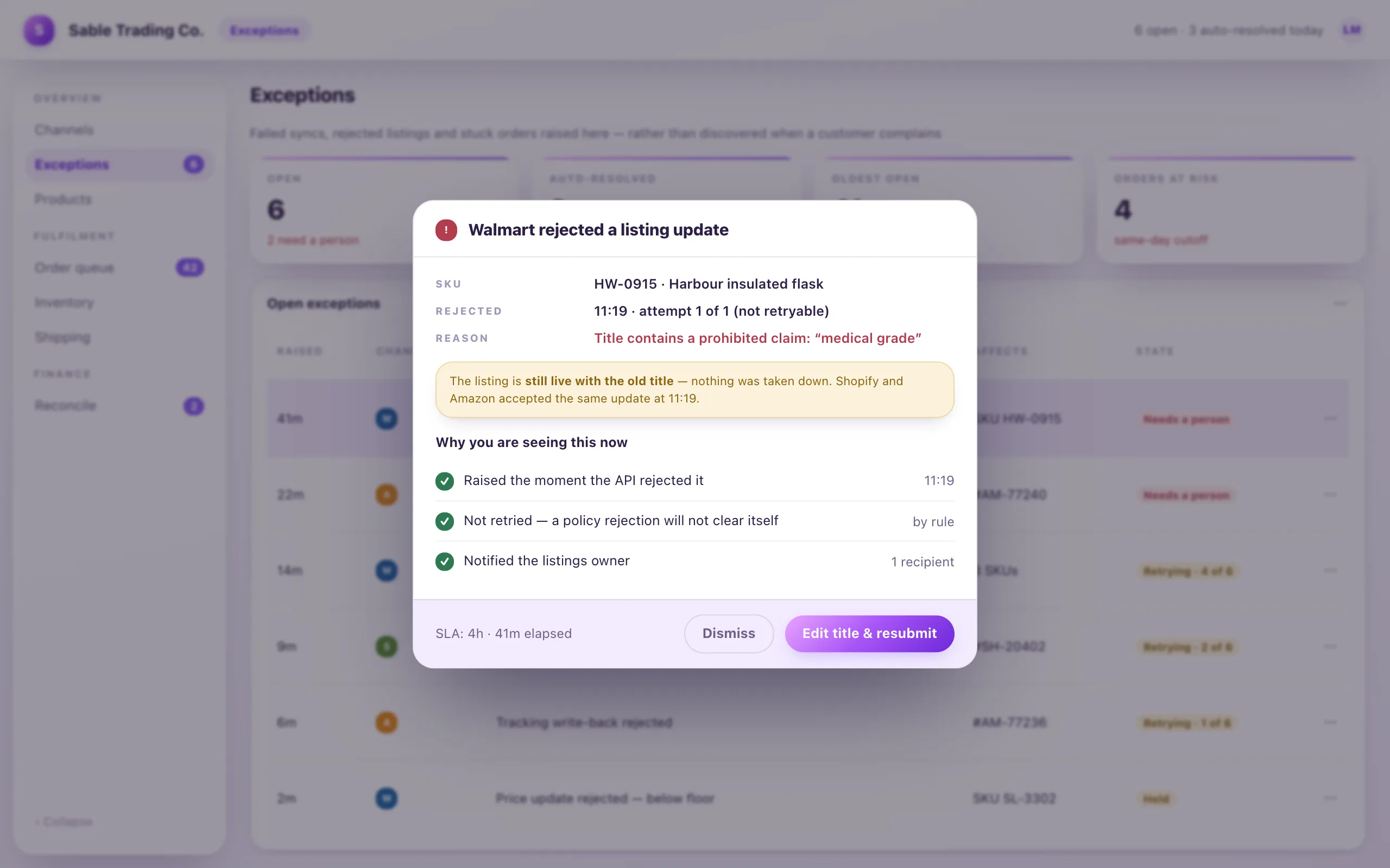 An e-commerce exception queue listing six open issues across three marketplaces with what happened, what each affects and whether it is retrying, and a modal explaining a Walmart listing rejection that will not be retried because a policy rejection cannot clear itself.
