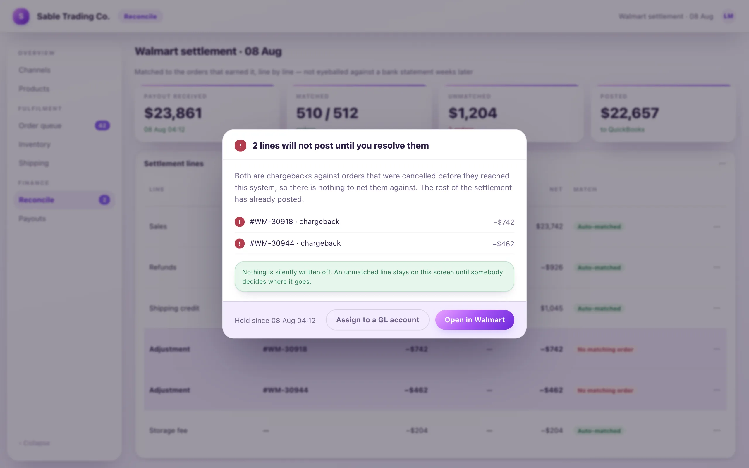 A marketplace settlement screen matching a Walmart payout line by line against the orders that earned it, with 510 of 512 orders auto-matched and two chargeback adjustments held because no matching order exists.