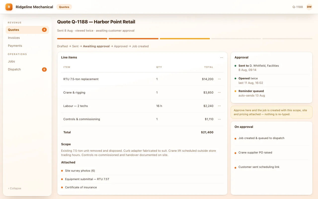 A quote detail screen for a rooftop unit replacement showing priced line items totalling $21,400, a progress bar from drafted to job created, an approval trail, and the actions that fire automatically on approval.