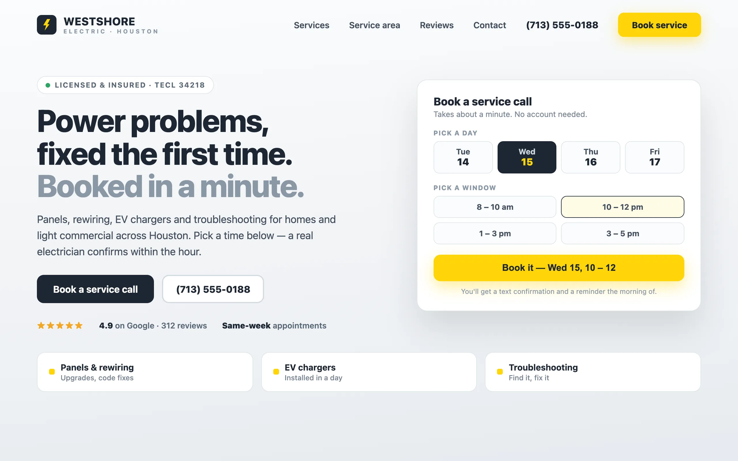 A trade company website with a booking widget built in — pick a day, pick a window, booked.